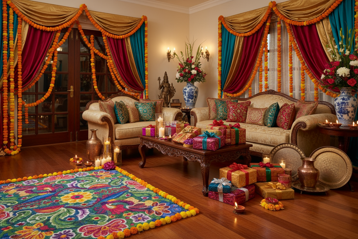 indian wedding living room with elegant decor and gifts 